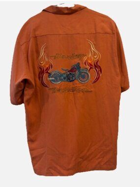 Harley Davidson Tori Richard Orange Embroidered Flame Motorcycle Silk Camp Shirt